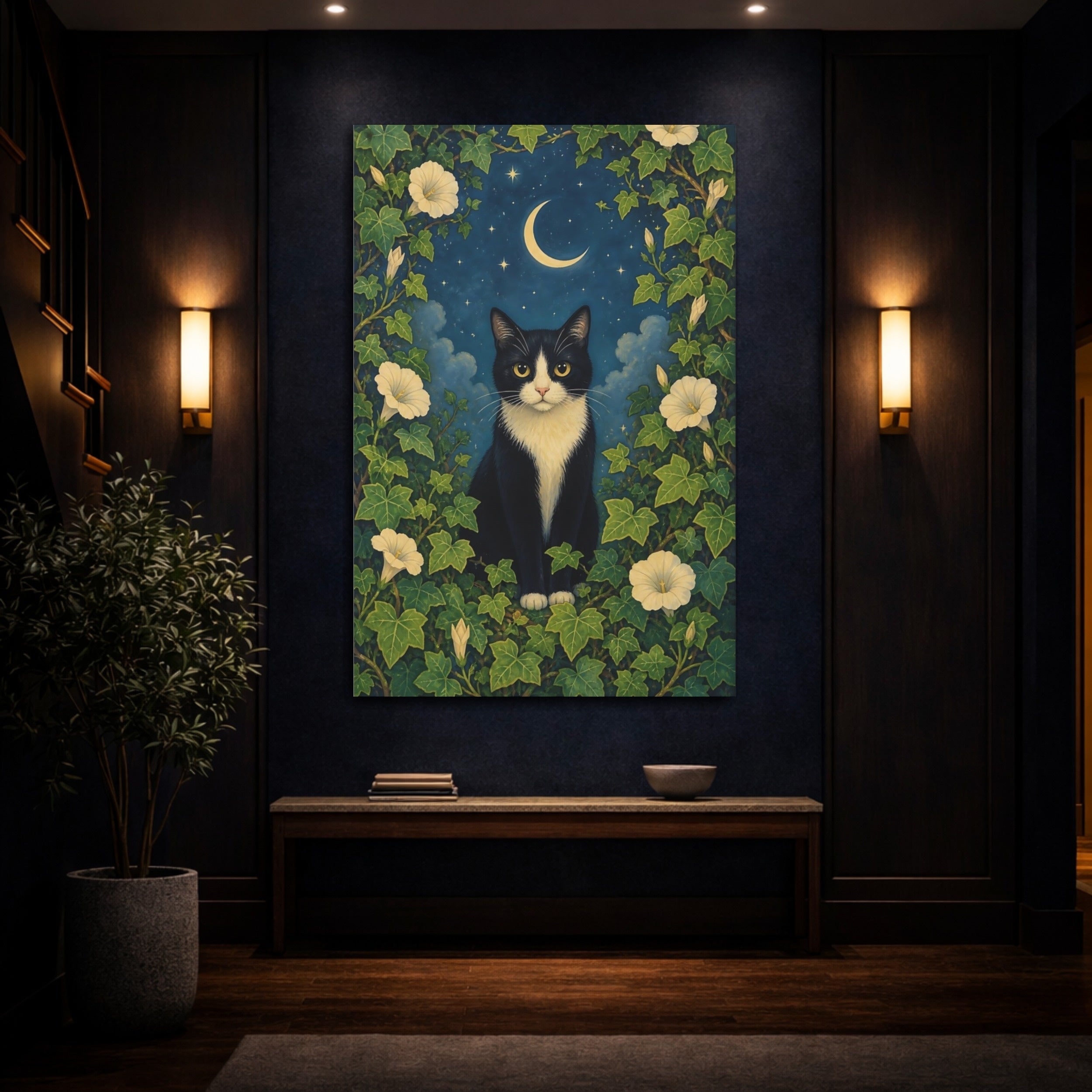 Mockup 4. Animals Black Cat Black Cat Night shown as stretched canvas wall art