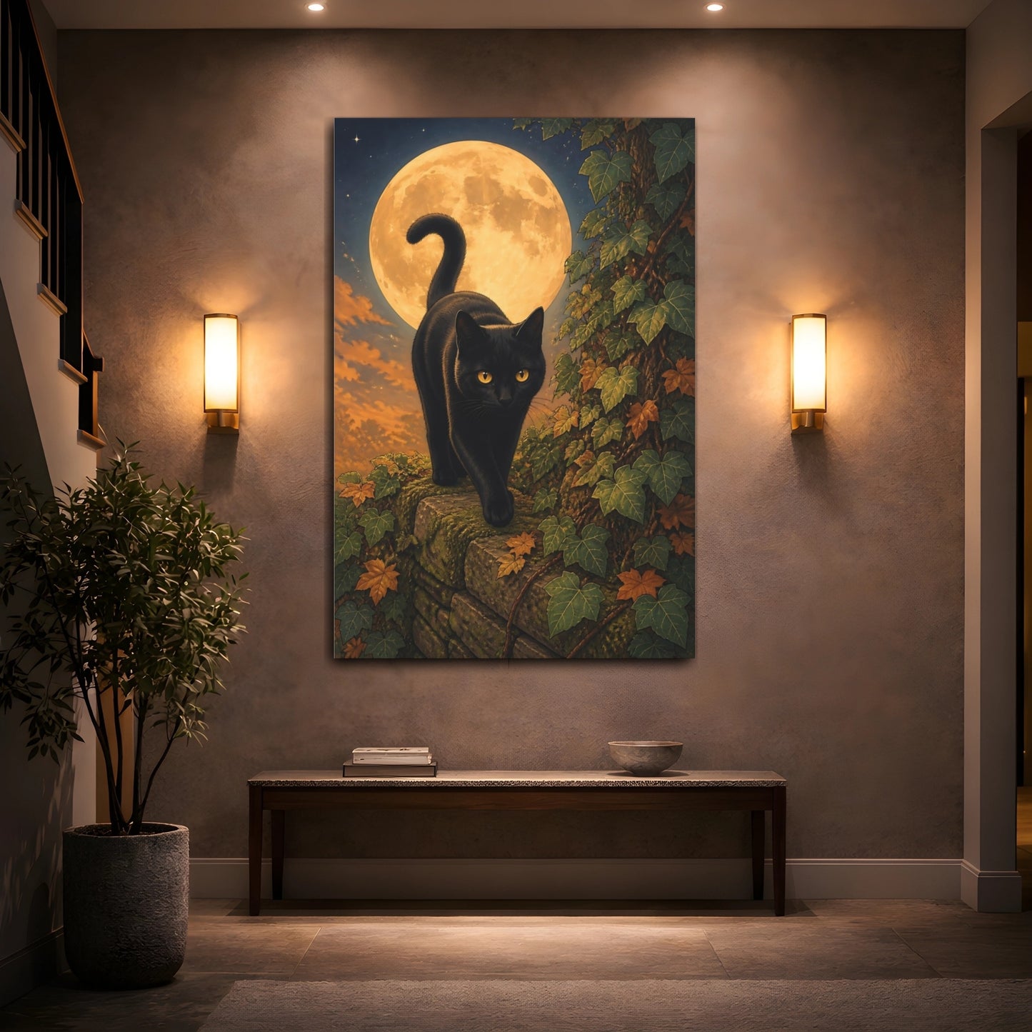 Mockup 2. Animals Black Cat Moonlit Black Cat shown as stretched canvas wall art