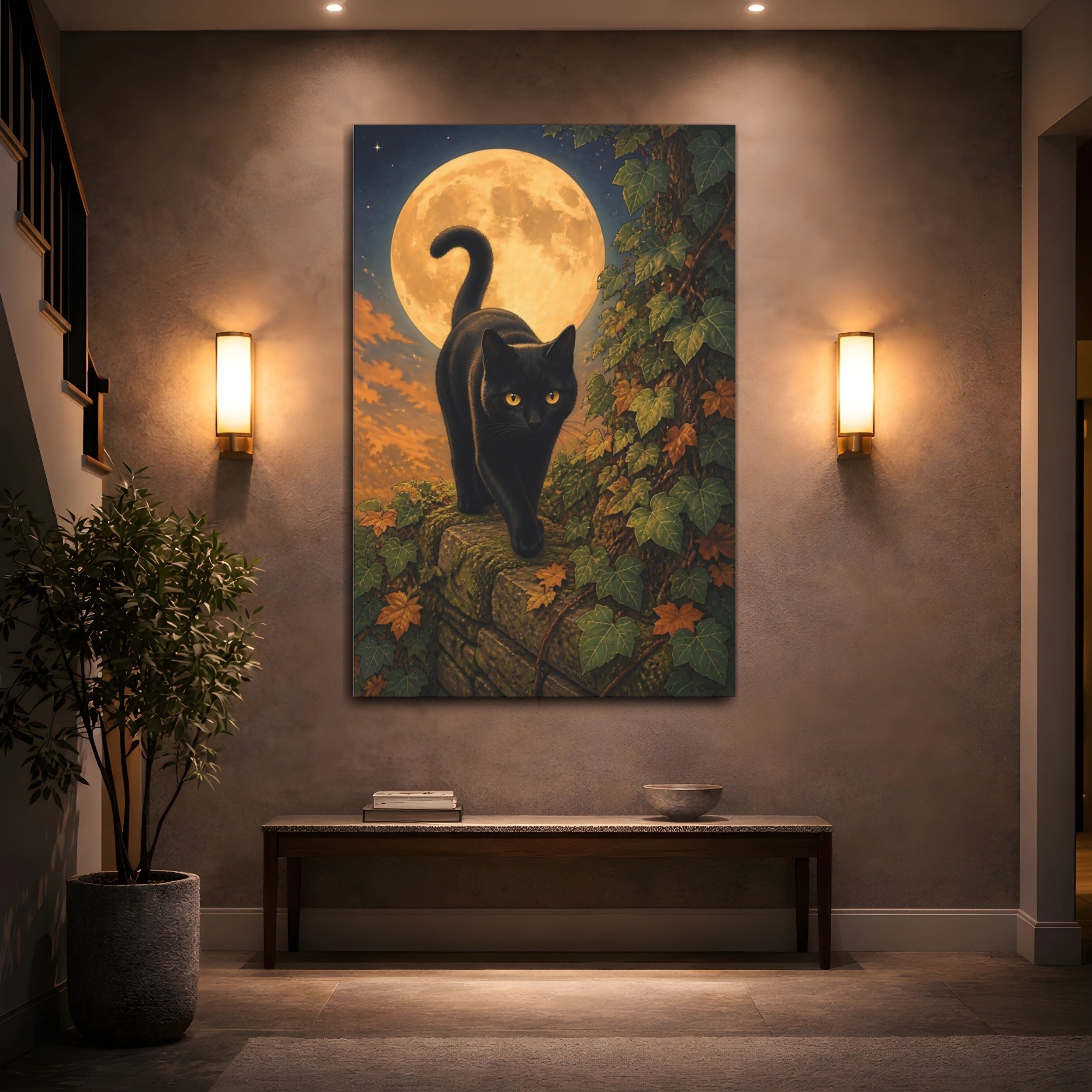 Mockup 2. Animals Black Cat Moonlit Black Cat shown as stretched canvas wall art