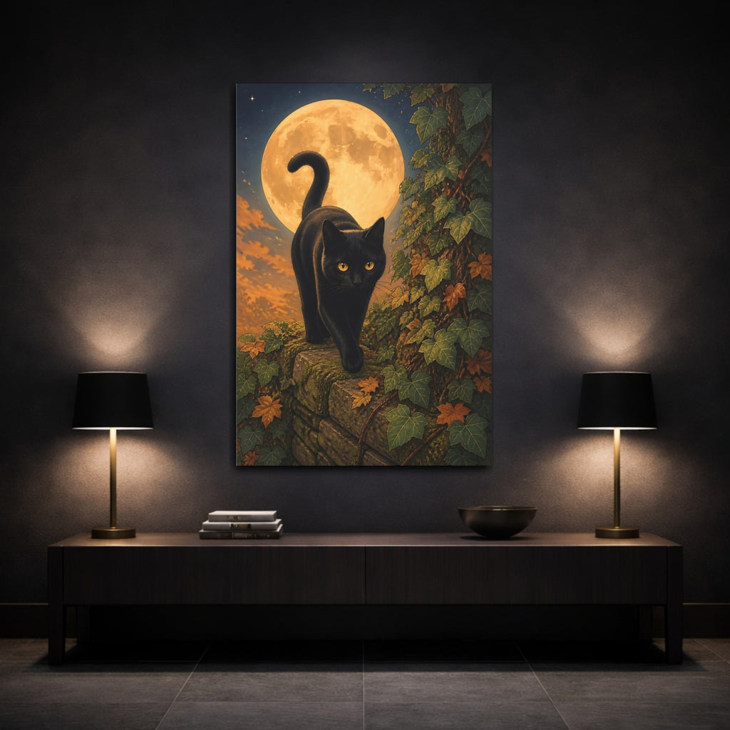 Mockup 3. Animals Black Cat Moonlit Black Cat shown as stretched canvas wall art