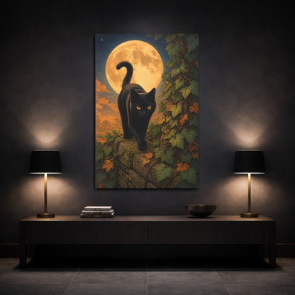 Mockup 3. Animals Black Cat Moonlit Black Cat shown as stretched canvas wall art