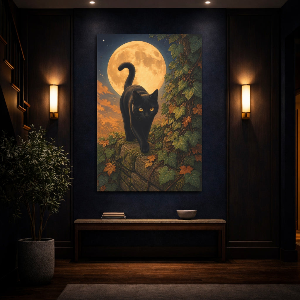 Mockup 4. Animals Black Cat Moonlit Black Cat shown as stretched canvas wall art