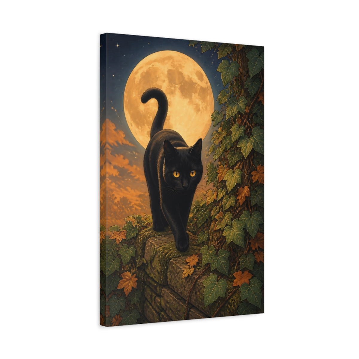 Side Mockup 3. Animals Black Cat Moonlit Black Cat shown as stretched canvas wall art