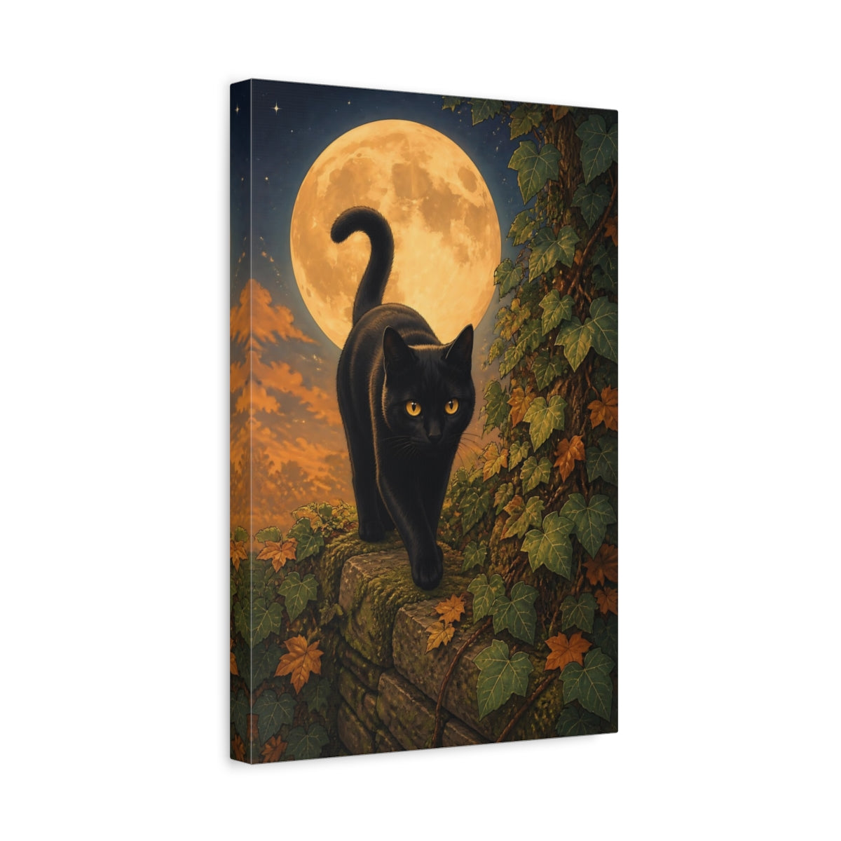 Side Mockup 4. Animals Black Cat Moonlit Black Cat shown as stretched canvas wall art