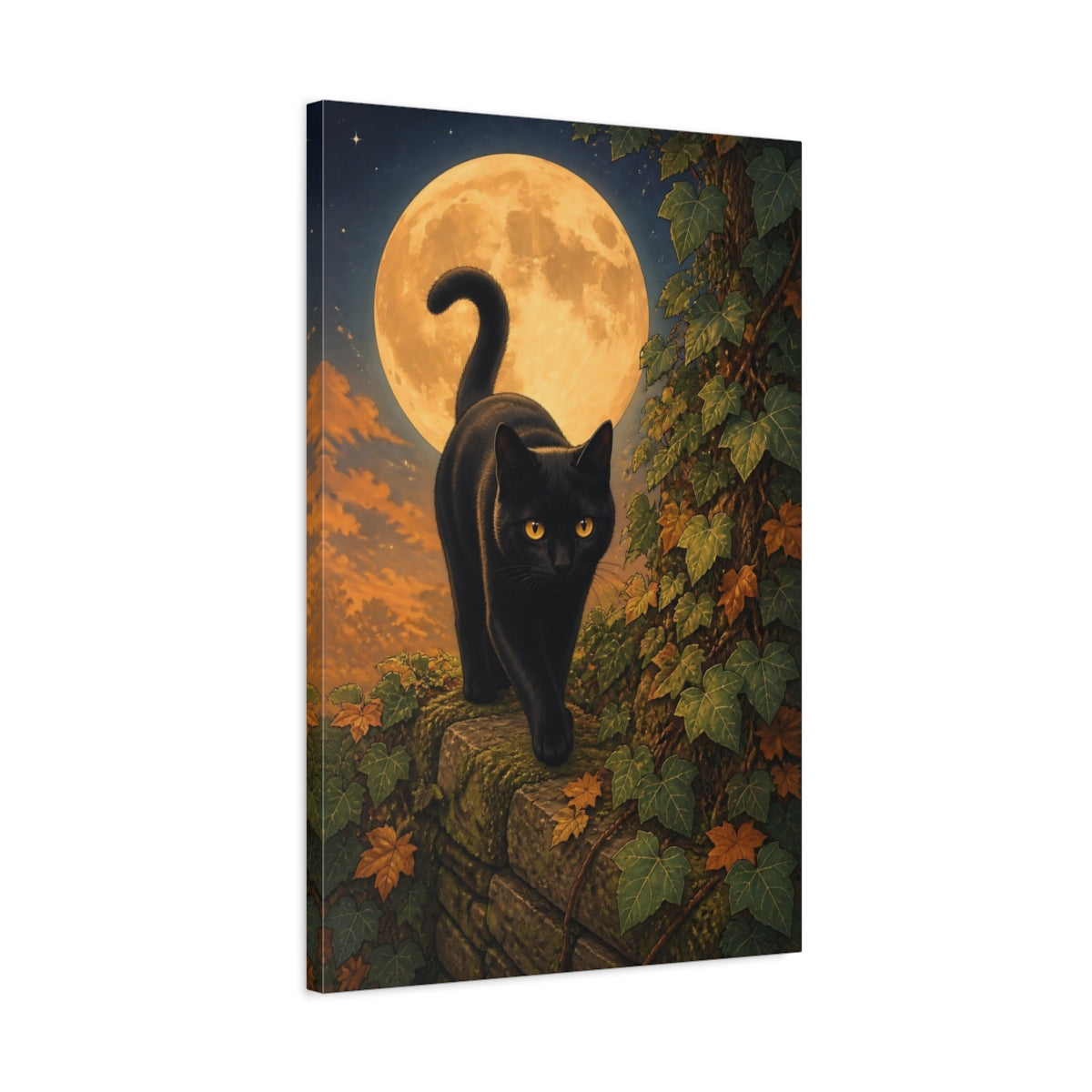 Side Mockup 2. Animals Black Cat Moonlit Black Cat shown as stretched canvas wall art