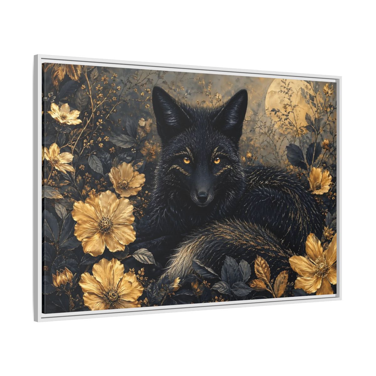 Side Mockup 7. Animals Black Fox Black And Gold shown as stretched canvas wall art