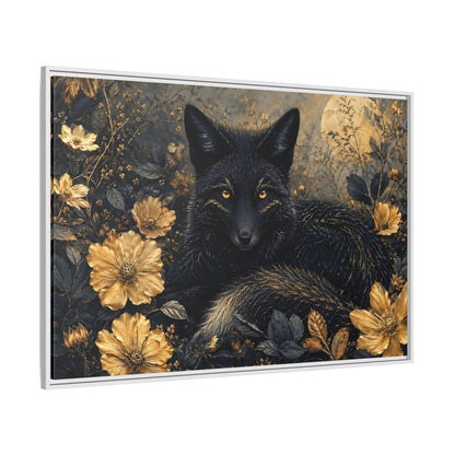 Side Mockup 7. Animals Black Fox Black And Gold shown as stretched canvas wall art