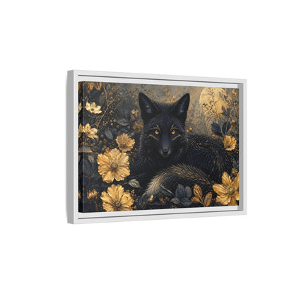 Side Mockup 4. Animals Black Fox Black And Gold shown as stretched canvas wall art