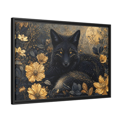 Side Mockup 14. Animals Black Fox Black And Gold shown as stretched canvas wall art