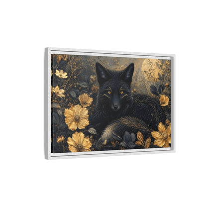 Side Mockup 1. Animals Black Fox Black And Gold shown as stretched canvas wall art