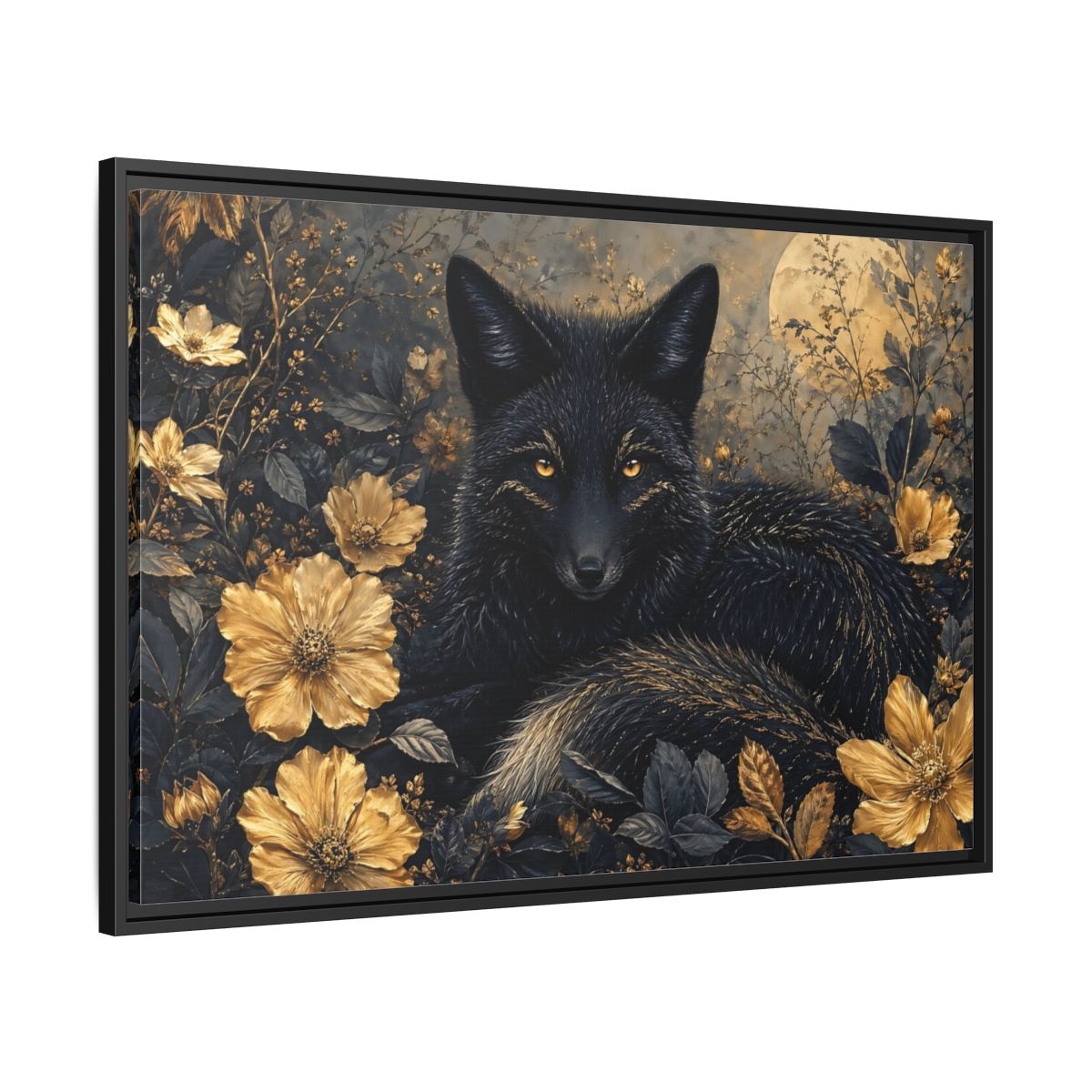 Side Mockup 13. Animals Black Fox Black And Gold shown as stretched canvas wall art