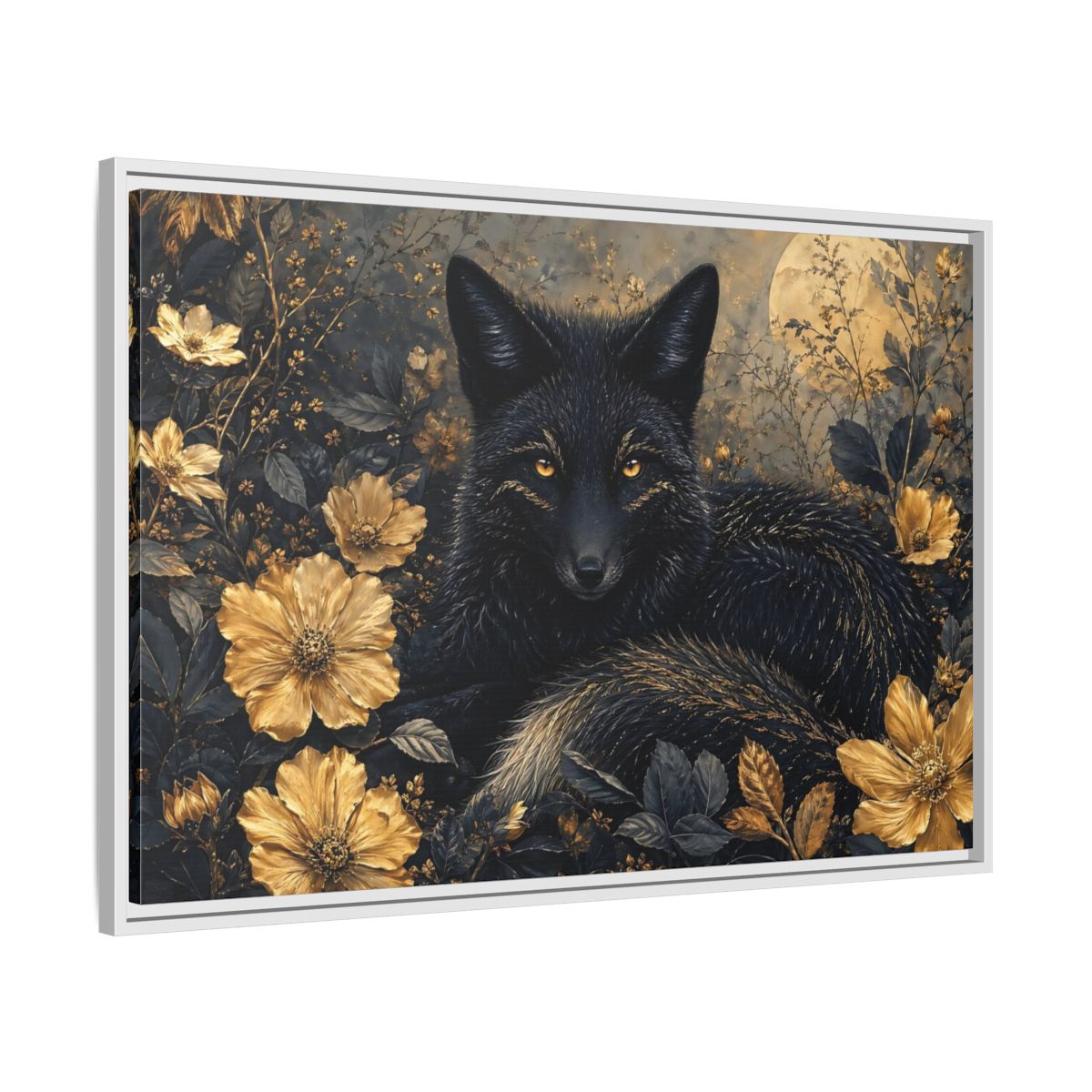 Side Mockup 9. Animals Black Fox Black And Gold shown as stretched canvas wall art
