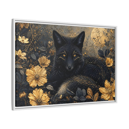 Side Mockup 9. Animals Black Fox Black And Gold shown as stretched canvas wall art