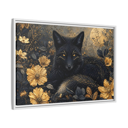 Side Mockup 10. Animals Black Fox Black And Gold shown as stretched canvas wall art