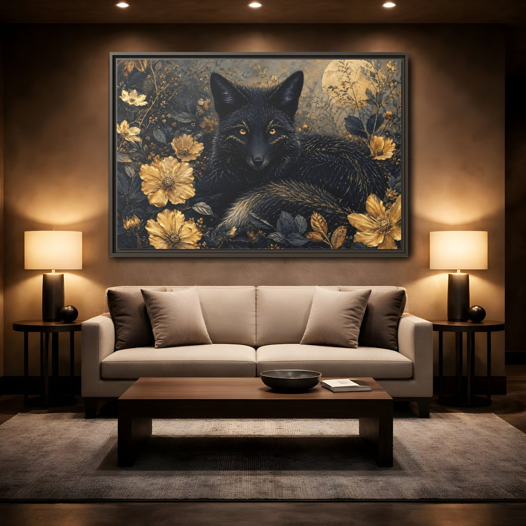 Mockup 2. Animals Black Fox Black And Gold shown as stretched canvas wall art