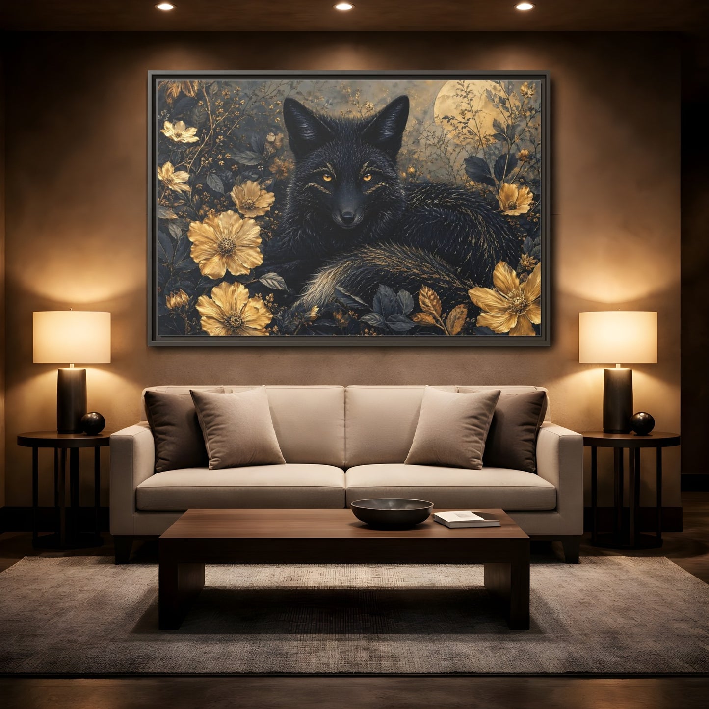 Mockup 2. Animals Black Fox Black And Gold shown as stretched canvas wall art