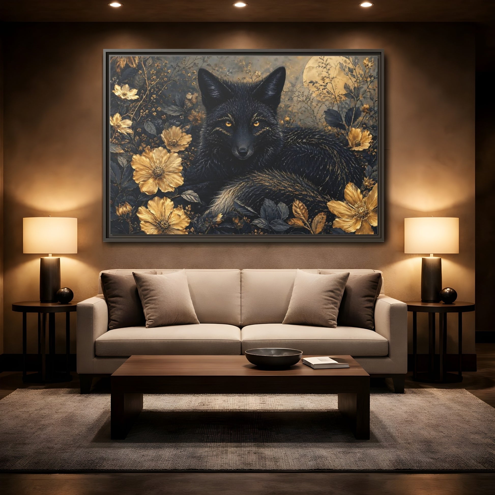 Mockup 2. Animals Black Fox Black And Gold shown as stretched canvas wall art