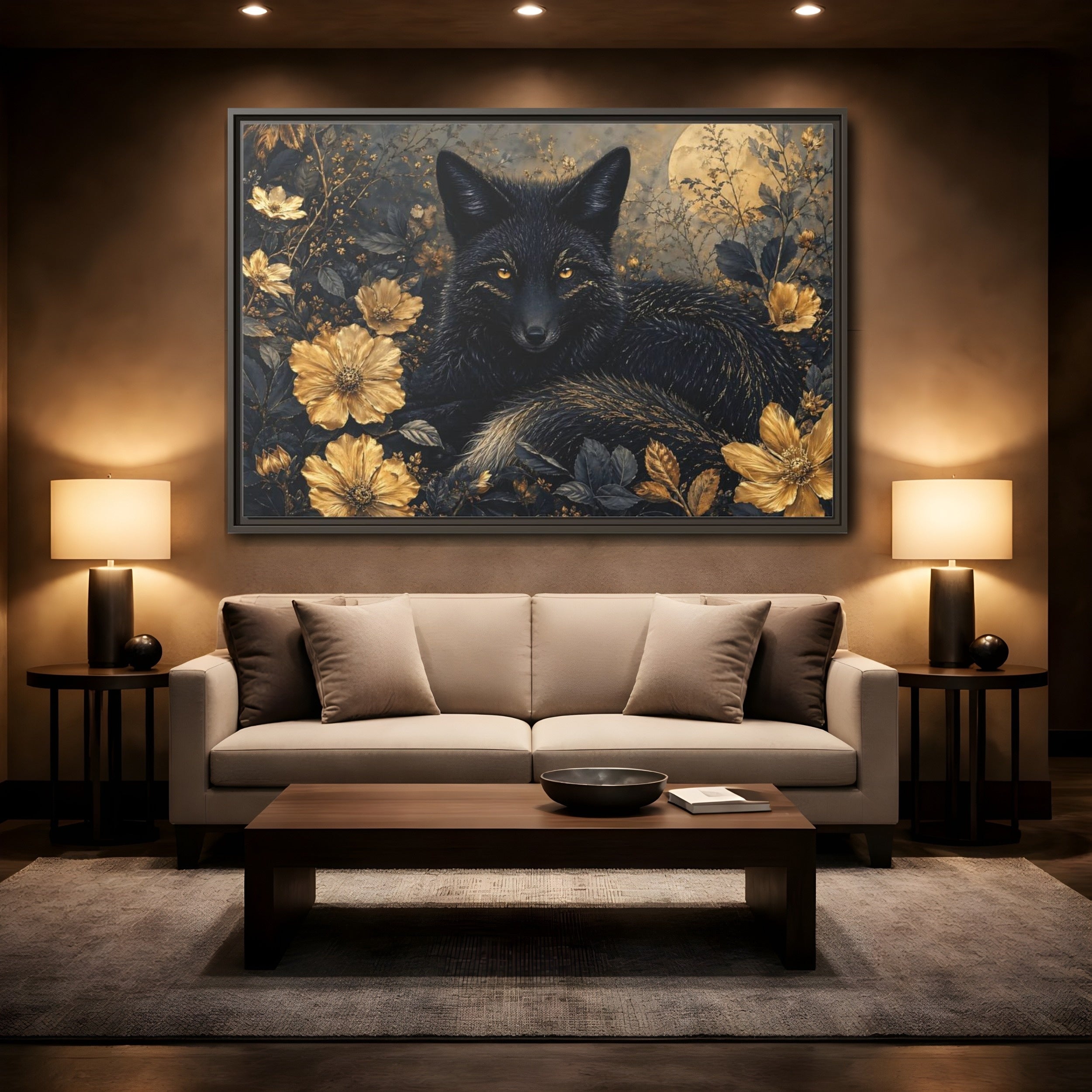Mockup 2. Animals Black Fox Black And Gold shown as stretched canvas wall art