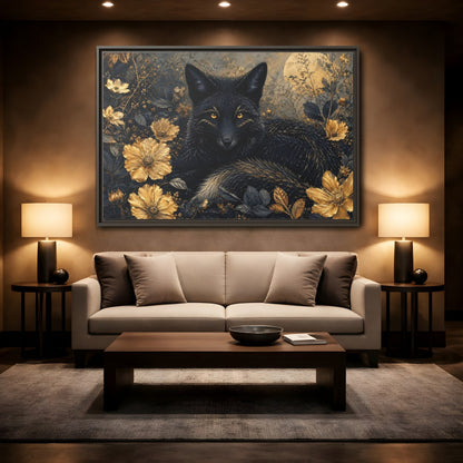 Mockup 2. Animals Black Fox Black And Gold shown as stretched canvas wall art
