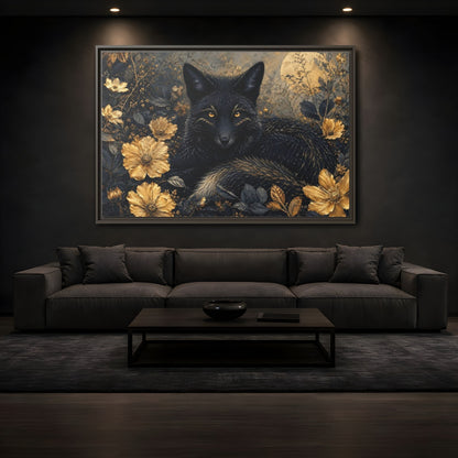 Mockup 3. Animals Black Fox Black And Gold shown as stretched canvas wall art