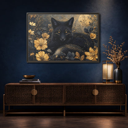 Mockup 4. Animals Black Fox Black And Gold shown as stretched canvas wall art