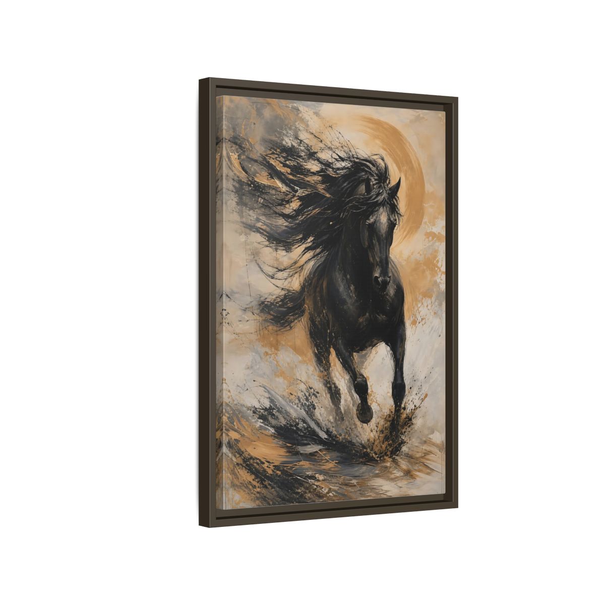 Side Mockup 2. Animals Black Horse Black And Gold shown as stretched canvas wall art