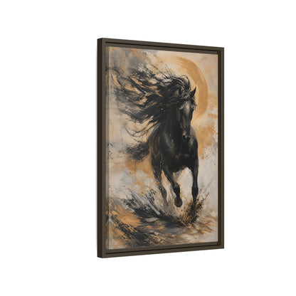 Side Mockup 2. Animals Black Horse Black And Gold shown as stretched canvas wall art