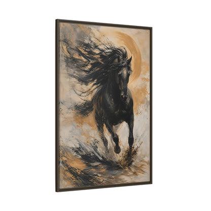 Side Mockup 8. Animals Black Horse Black And Gold shown as stretched canvas wall art