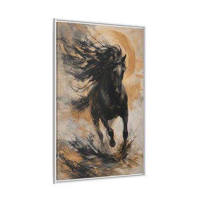 Side Mockup 7. Animals Black Horse Black And Gold shown as stretched canvas wall art