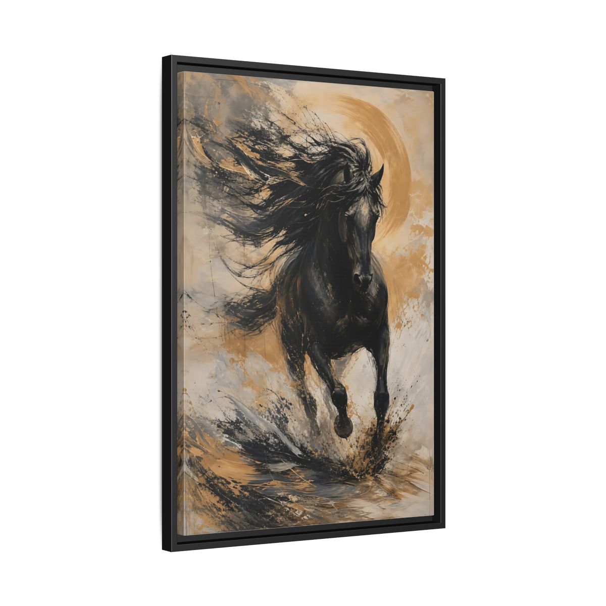 Side Mockup 14. Animals Black Horse Black And Gold shown as stretched canvas wall art