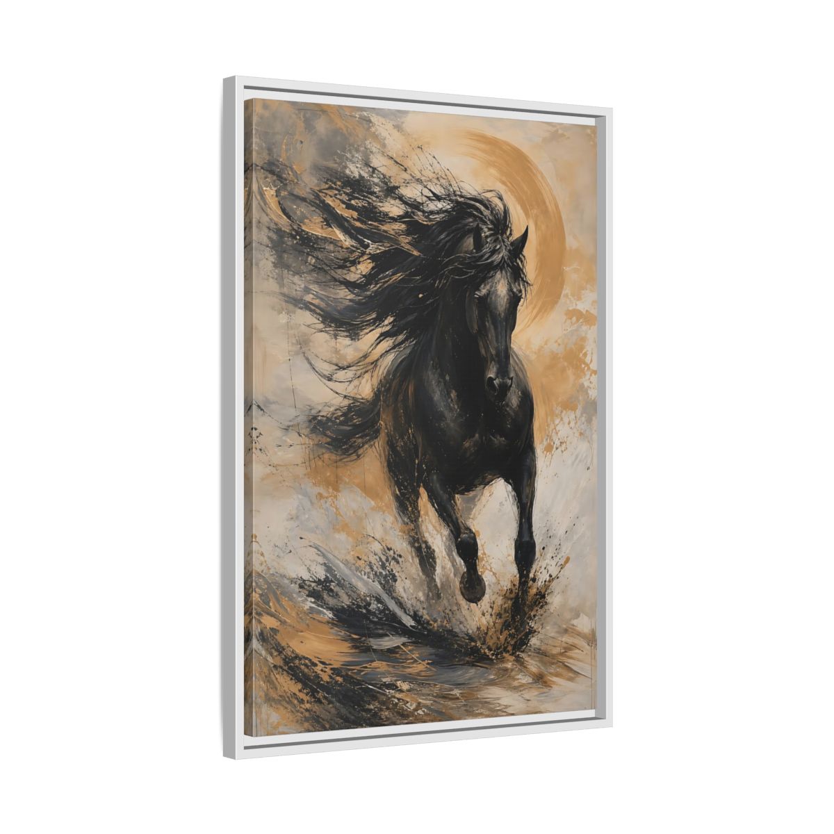Side Mockup 10. Animals Black Horse Black And Gold shown as stretched canvas wall art