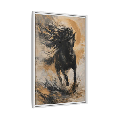 Side Mockup 10. Animals Black Horse Black And Gold shown as stretched canvas wall art