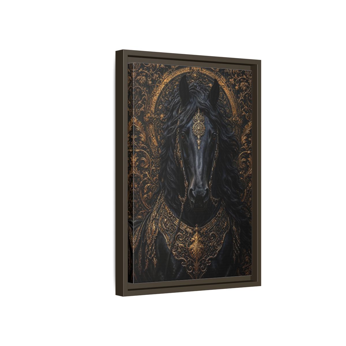 Side Mockup 5. Animals Black Horse Black And Gold shown as stretched canvas wall art