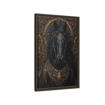 Side Mockup 2. Animals Black Horse Black And Gold shown as stretched canvas wall art