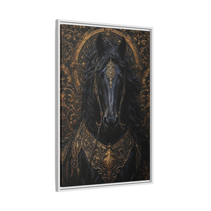 Side Mockup 9. Animals Black Horse Black And Gold shown as stretched canvas wall art
