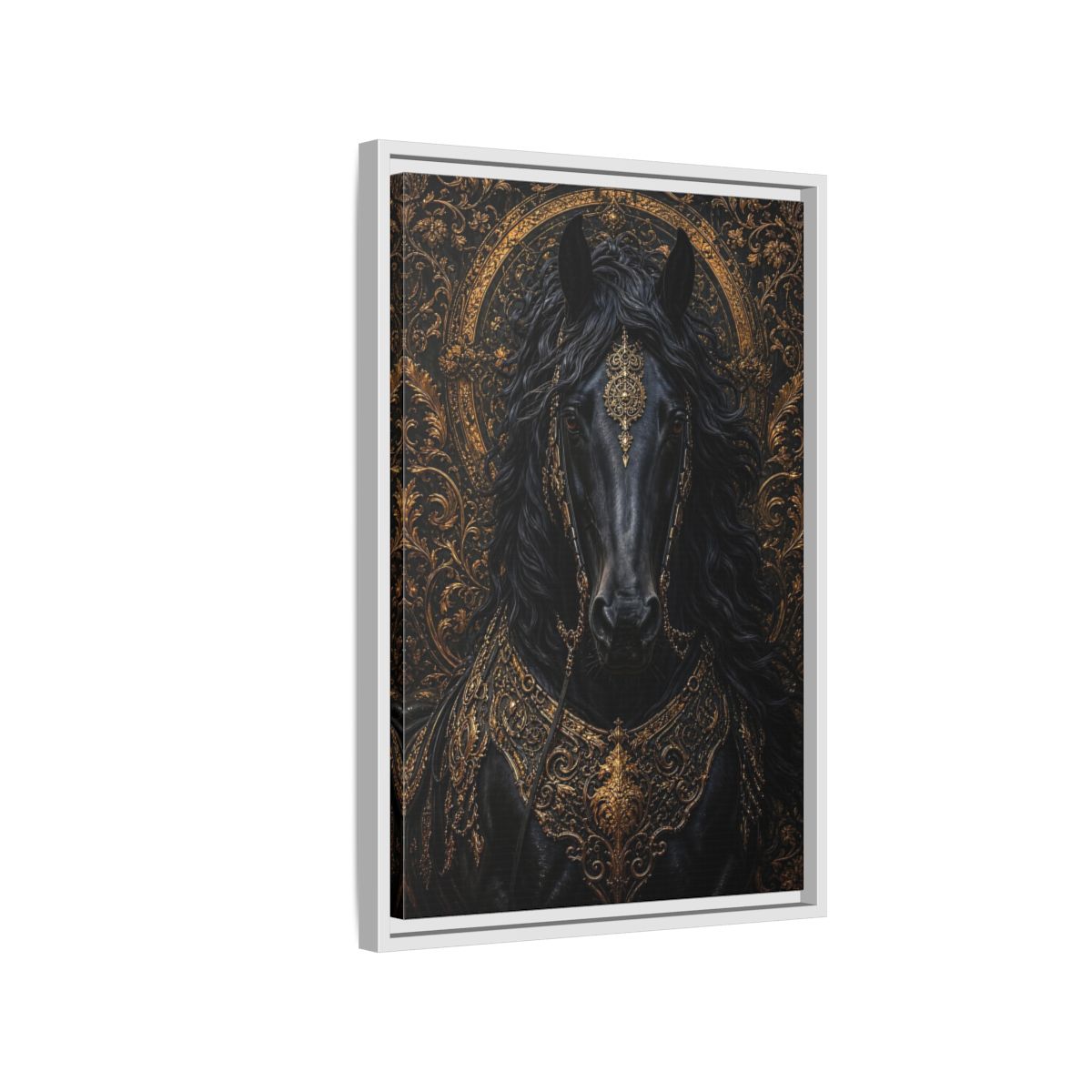Side Mockup 1. Animals Black Horse Black And Gold shown as stretched canvas wall art
