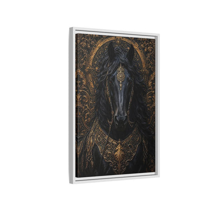 Side Mockup 1. Animals Black Horse Black And Gold shown as stretched canvas wall art