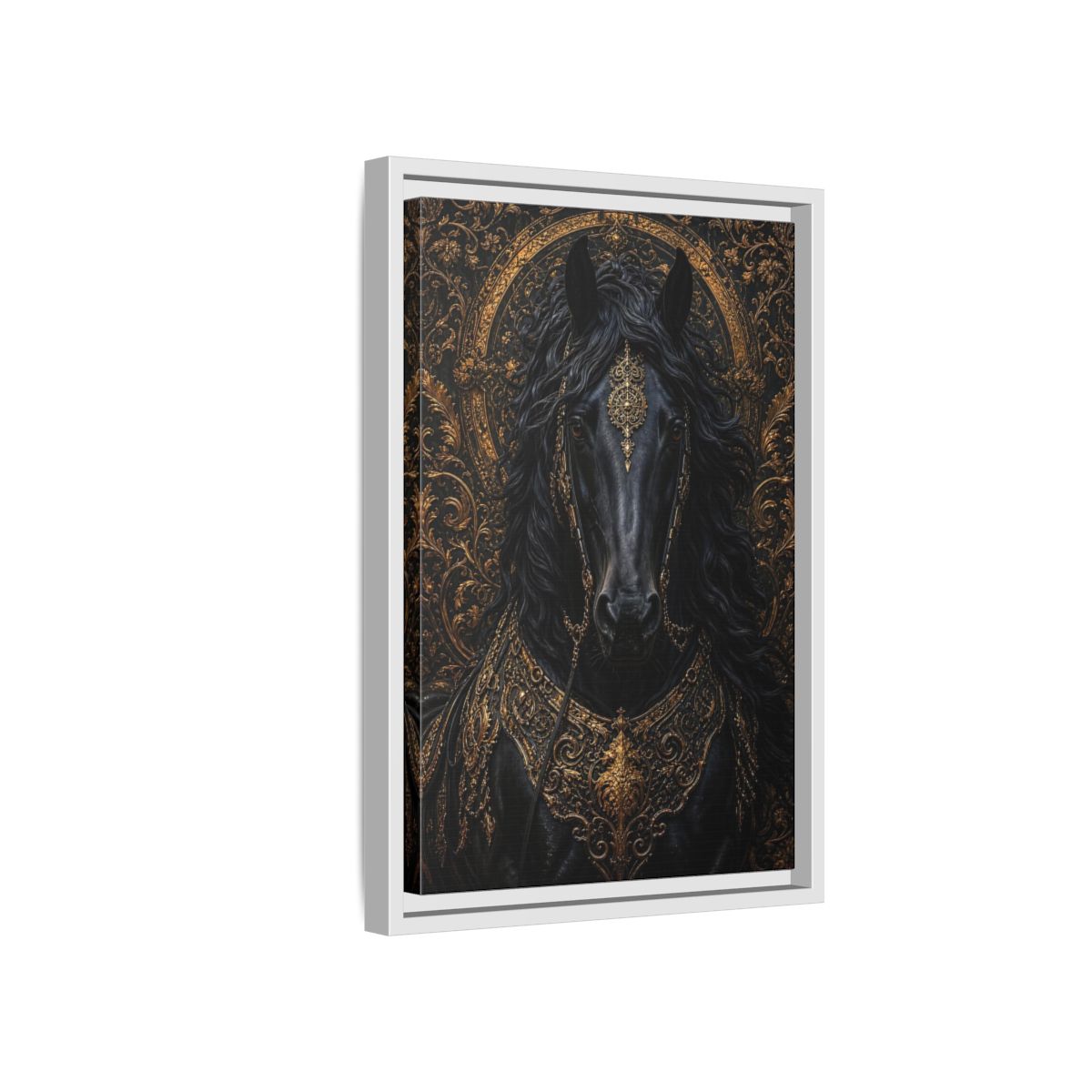 Side Mockup 4. Animals Black Horse Black And Gold shown as stretched canvas wall art