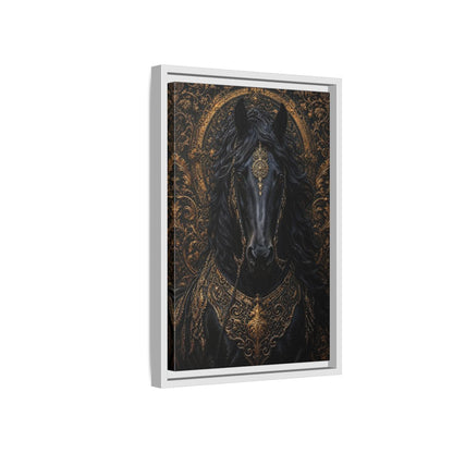 Side Mockup 4. Animals Black Horse Black And Gold shown as stretched canvas wall art