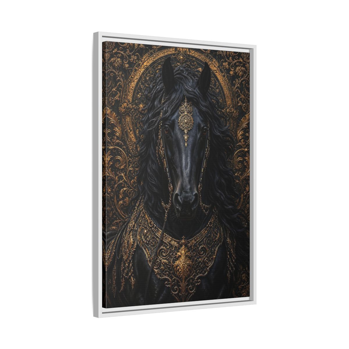 Side Mockup 10. Animals Black Horse Black And Gold shown as stretched canvas wall art