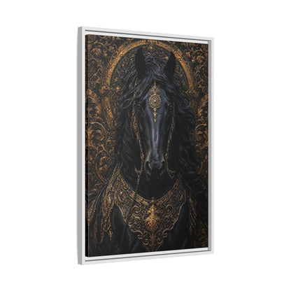 Side Mockup 10. Animals Black Horse Black And Gold shown as stretched canvas wall art