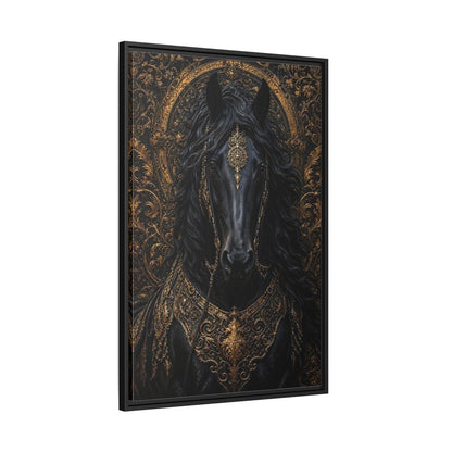 Side Mockup 13. Animals Black Horse Black And Gold shown as stretched canvas wall art