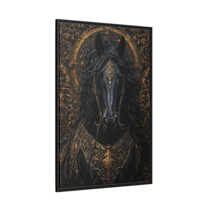 Side Mockup 12. Animals Black Horse Black And Gold shown as stretched canvas wall art