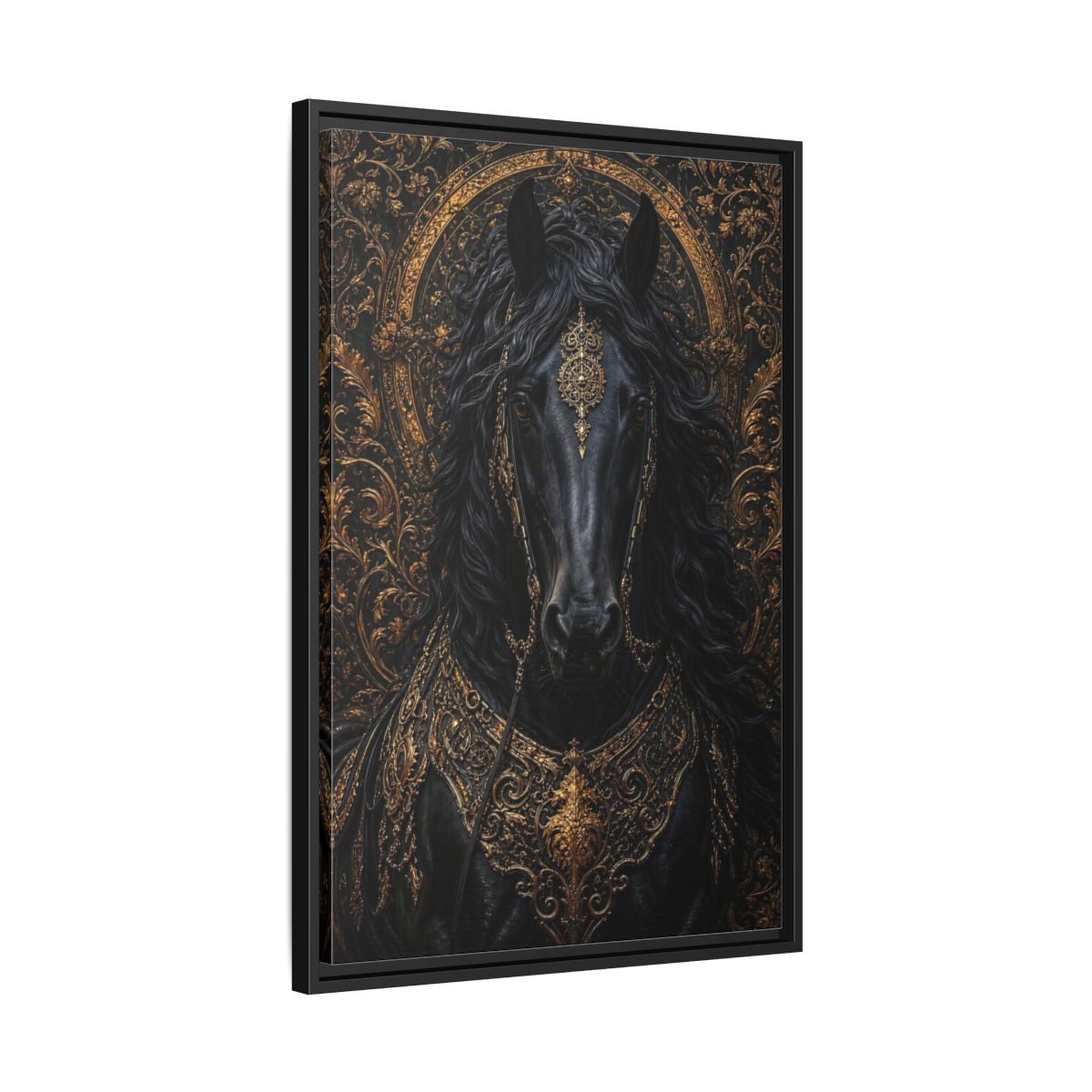 Side Mockup 14. Animals Black Horse Black And Gold shown as stretched canvas wall art