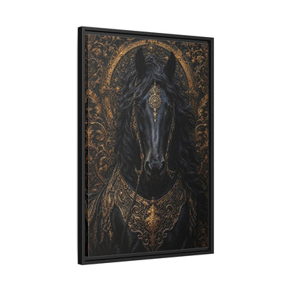 Side Mockup 14. Animals Black Horse Black And Gold shown as stretched canvas wall art