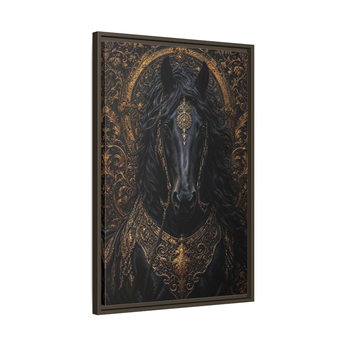 Side Mockup 11. Animals Black Horse Black And Gold shown as stretched canvas wall art