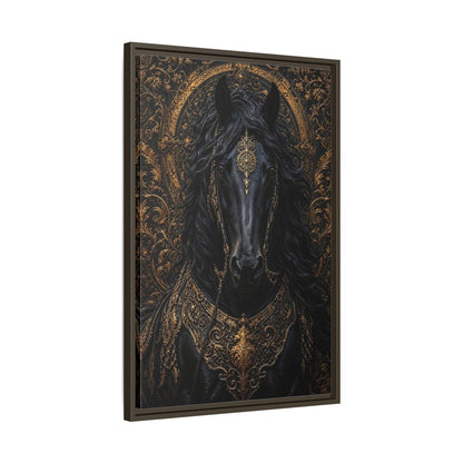 Side Mockup 11. Animals Black Horse Black And Gold shown as stretched canvas wall art