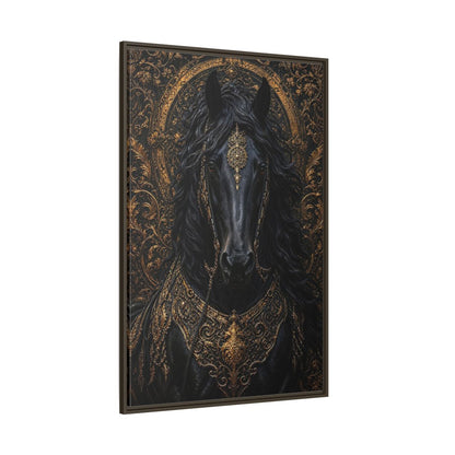 Side Mockup 8. Animals Black Horse Black And Gold shown as stretched canvas wall art