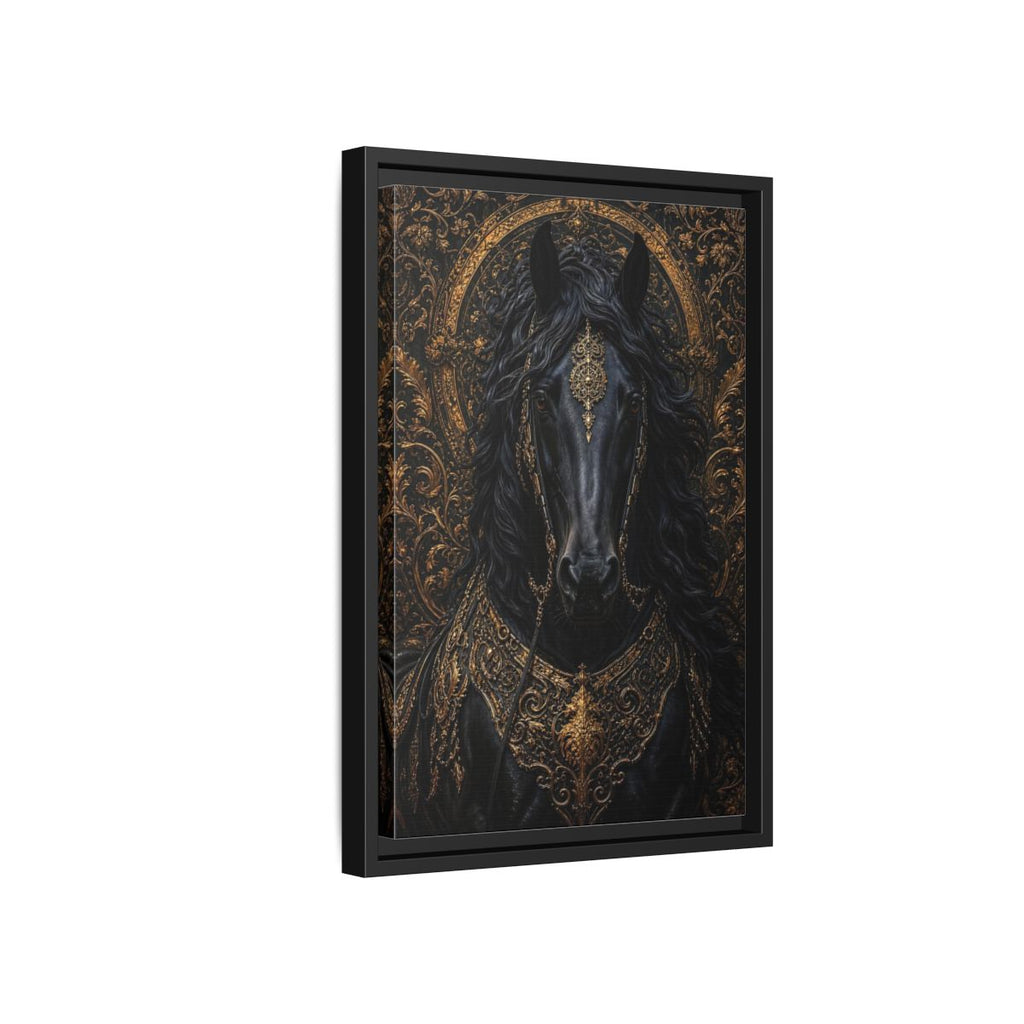 Side Mockup 6. Animals Black Horse Black And Gold shown as stretched canvas wall art