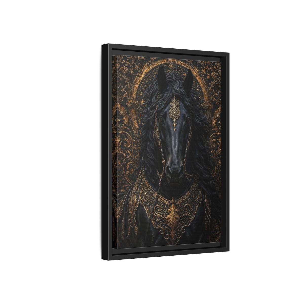 Side Mockup 6. Animals Black Horse Black And Gold shown as stretched canvas wall art